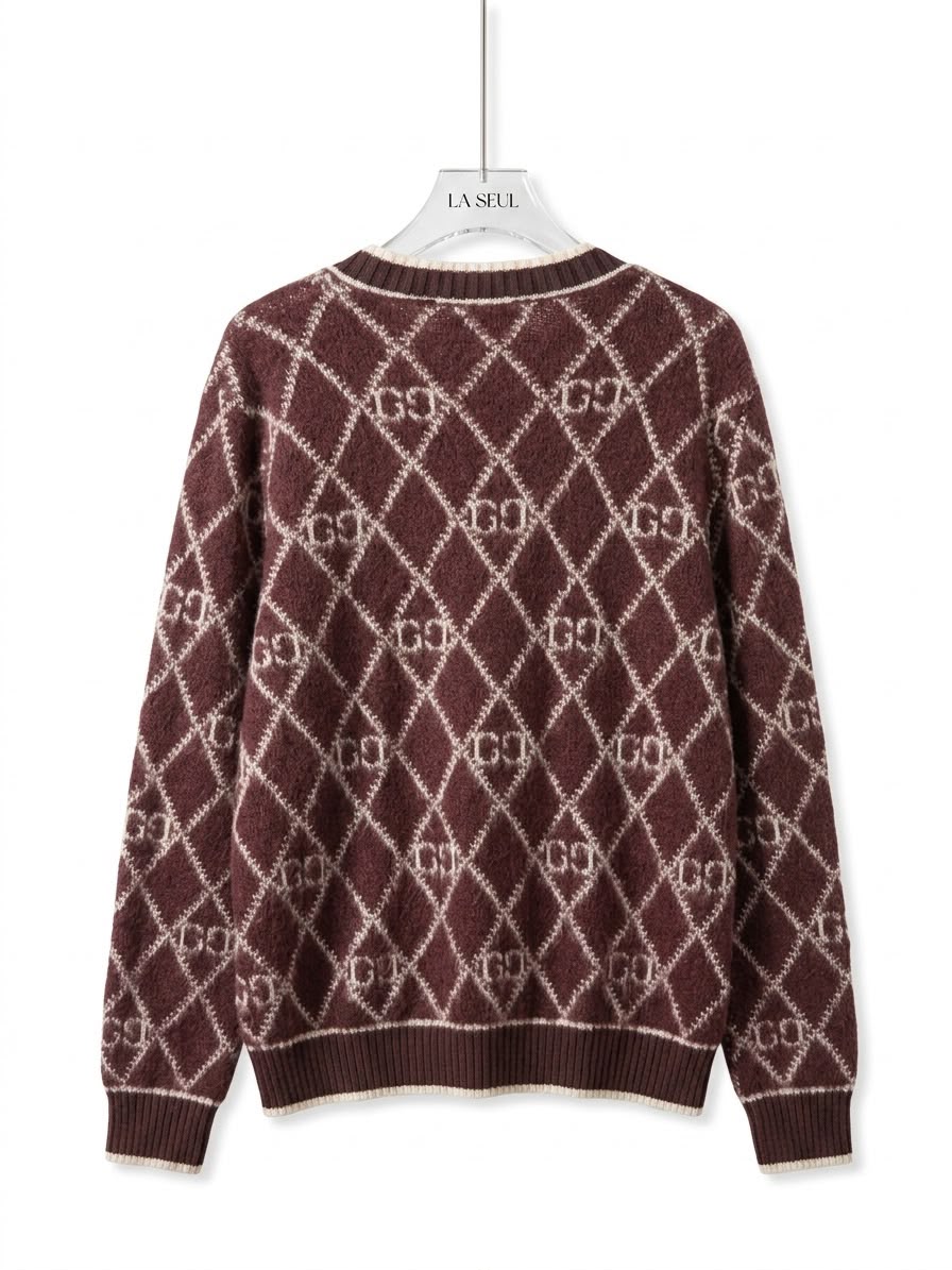 Gucci monogram argyle knit cardigan Burgundy - Image 3