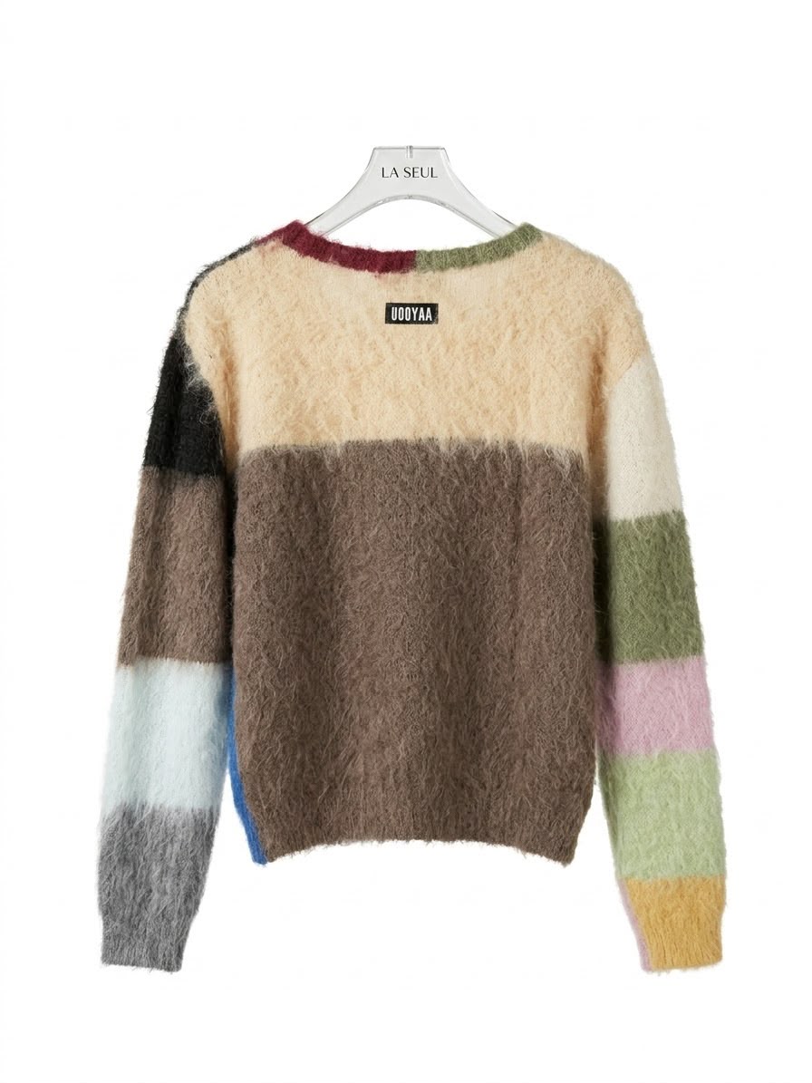 Multicolor fuzzy knit color-block cardigan with a crew neckline - Image 2