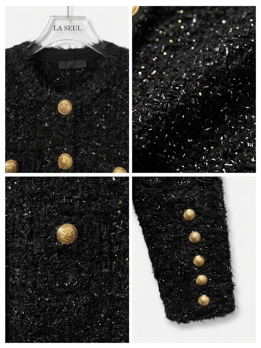 Black textured tweed jacket with subtle metallic threading and prominent gold buttons Balmain - Image 1