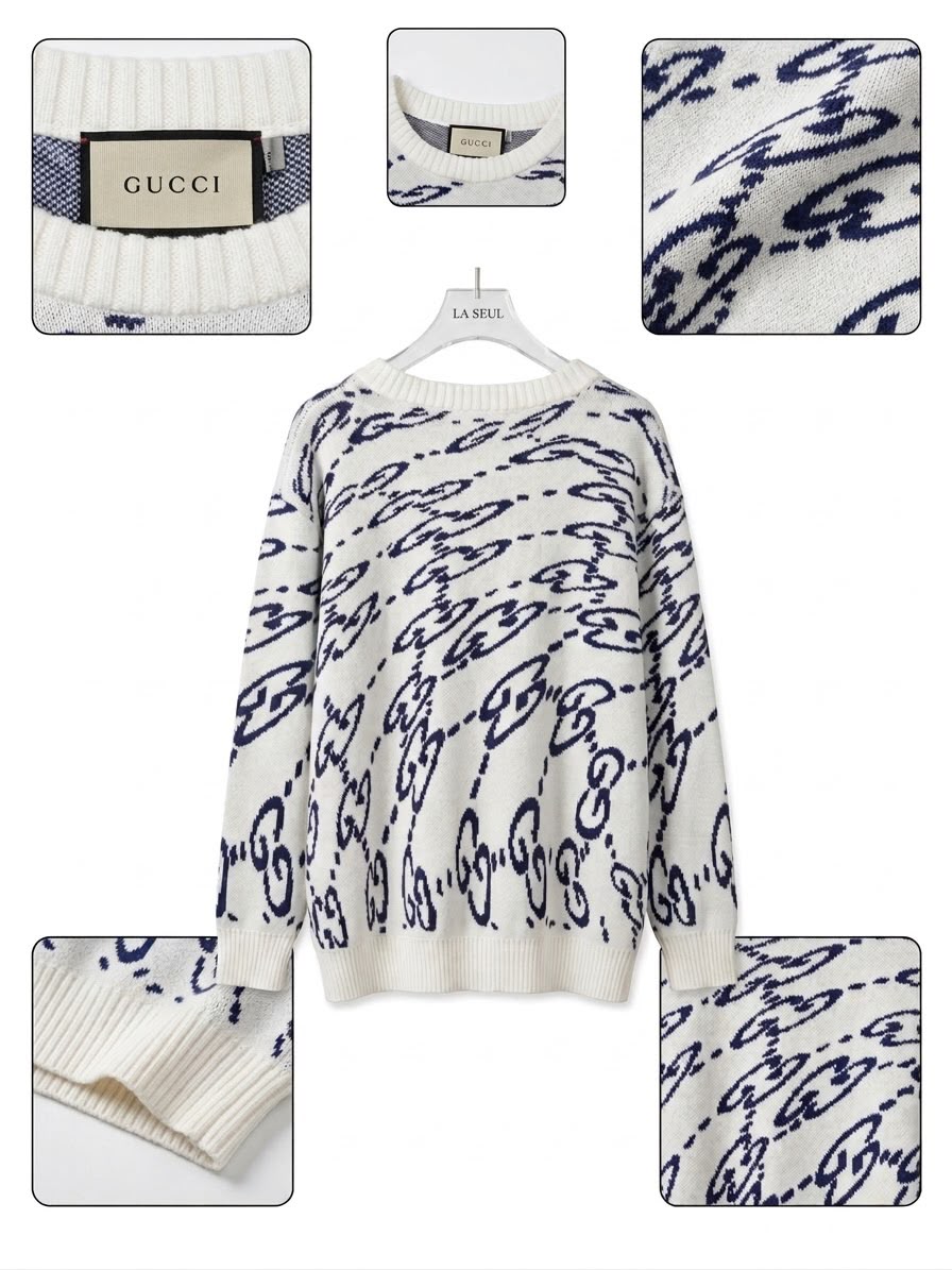 Gucci knit sweater White with a distorted navy blue GG monogram pattern - Image 2