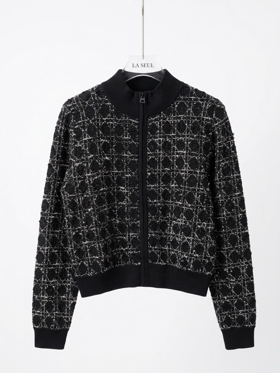 Dior textured knit zip-up jacket Black with signature white cannage motif - Image 2