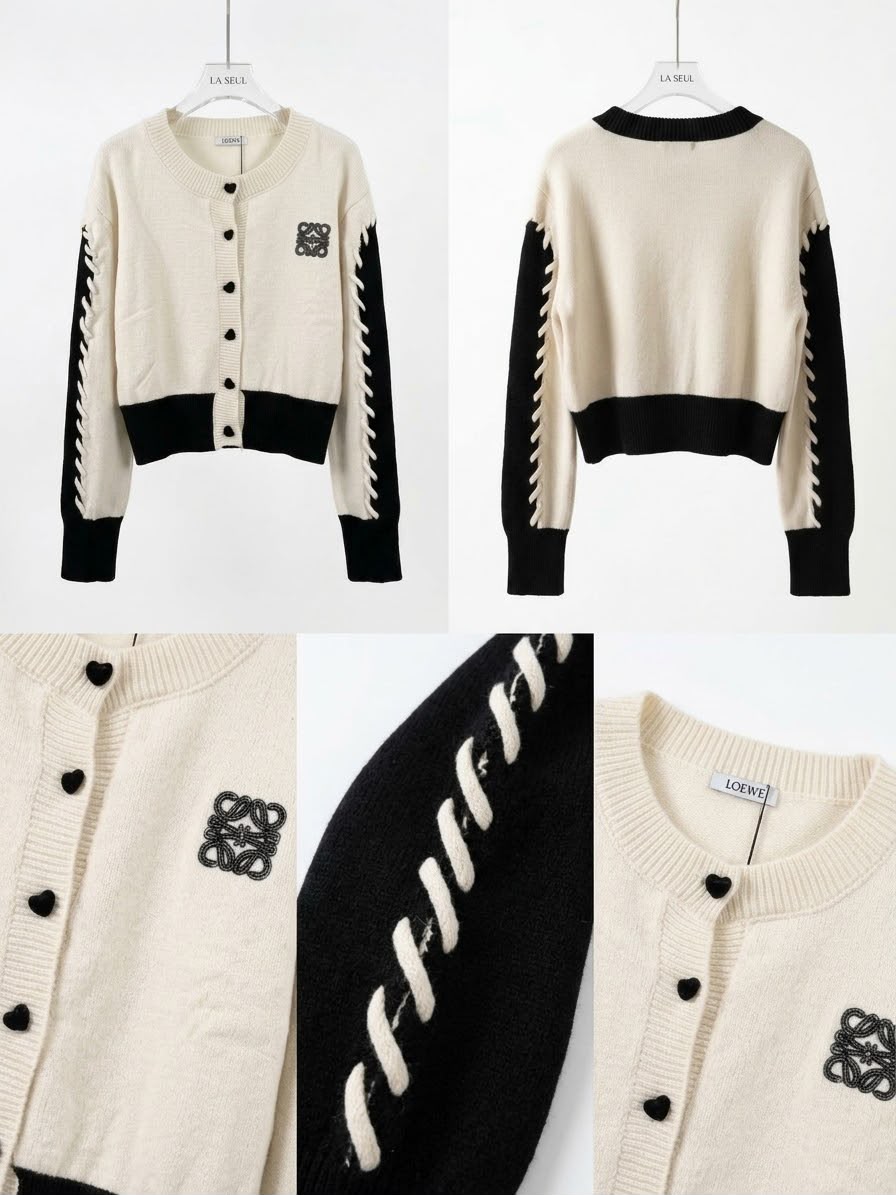 Loewe knit cardigan Cream and black with heart buttons, embroidered Anagram logo - Image 3