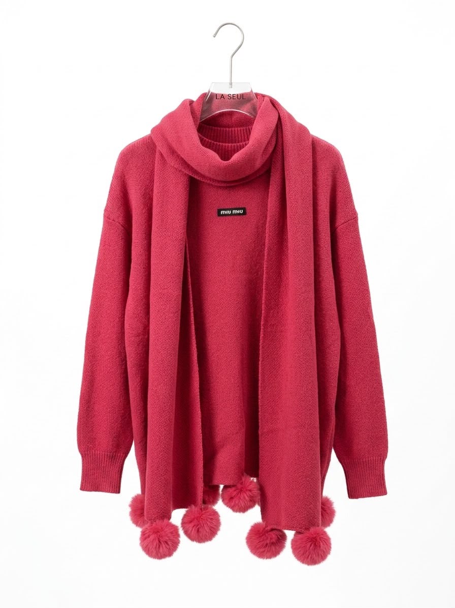 Miu Miu knit sweater Bright red  with a matching pom-pom scarf