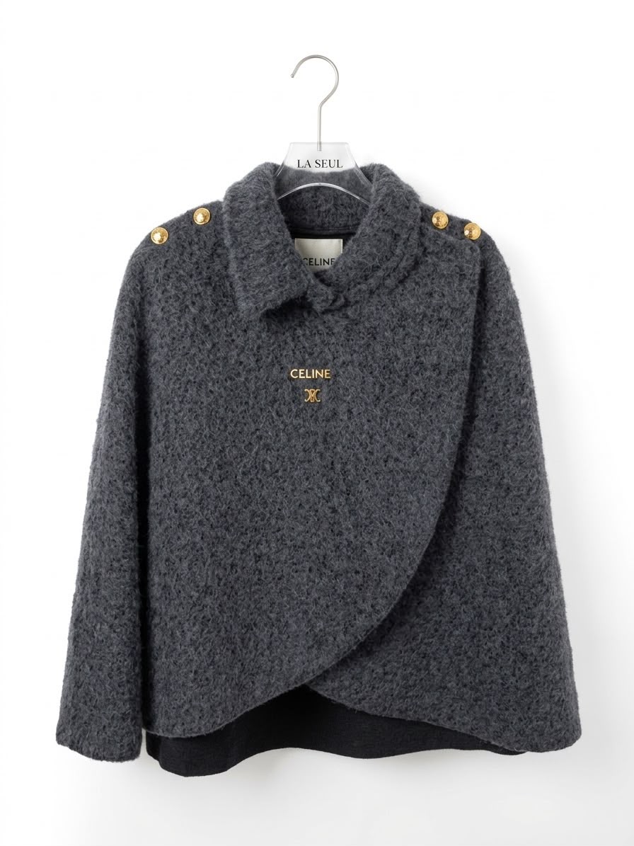Celine textured wool wrap cape Charcoal grey with gold shoulder buttons and Triomphe logo