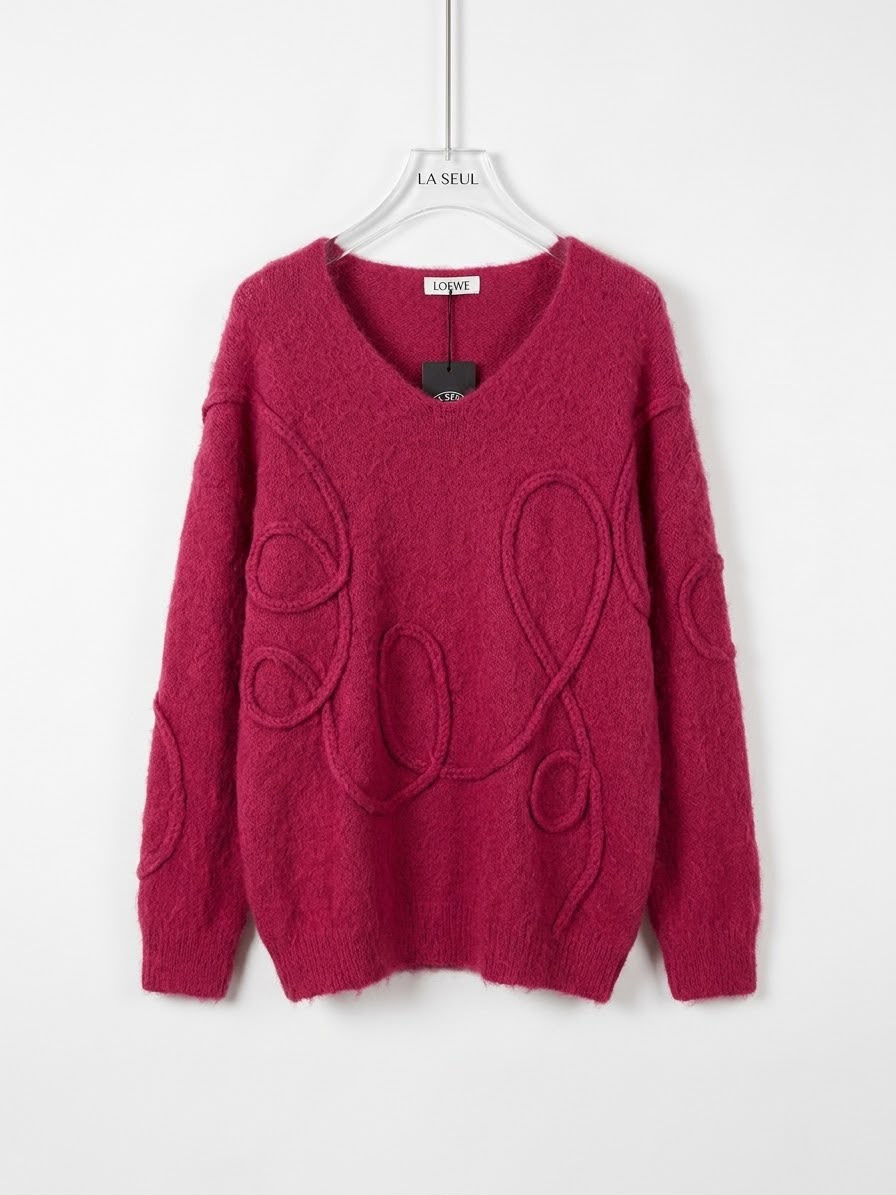 Magenta Loewe fuzzy knit V-neck sweater with raised looping yarn details