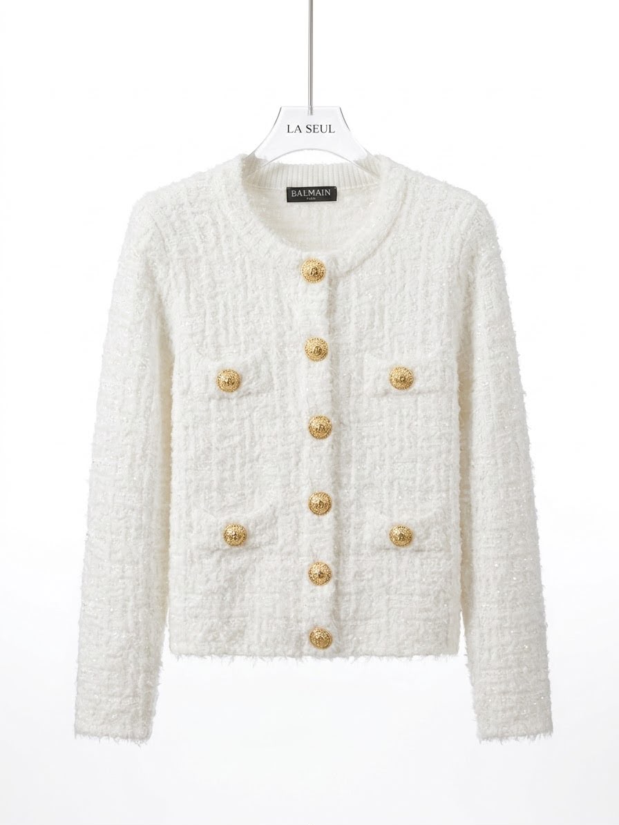 White Balmain textured knit jacket with signature embossed gold buttons and four front pockets