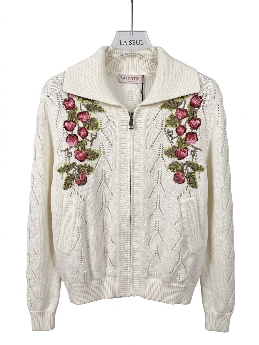 Valentino zip-up knit cardigan Cream with embroidered berry motifs and pointelle details