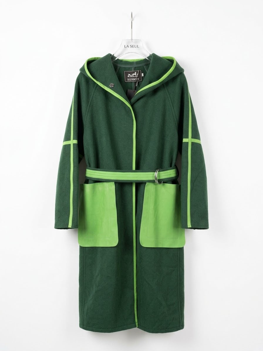 Hermès hooded coat Dark green with line green contrasting trim and pockets